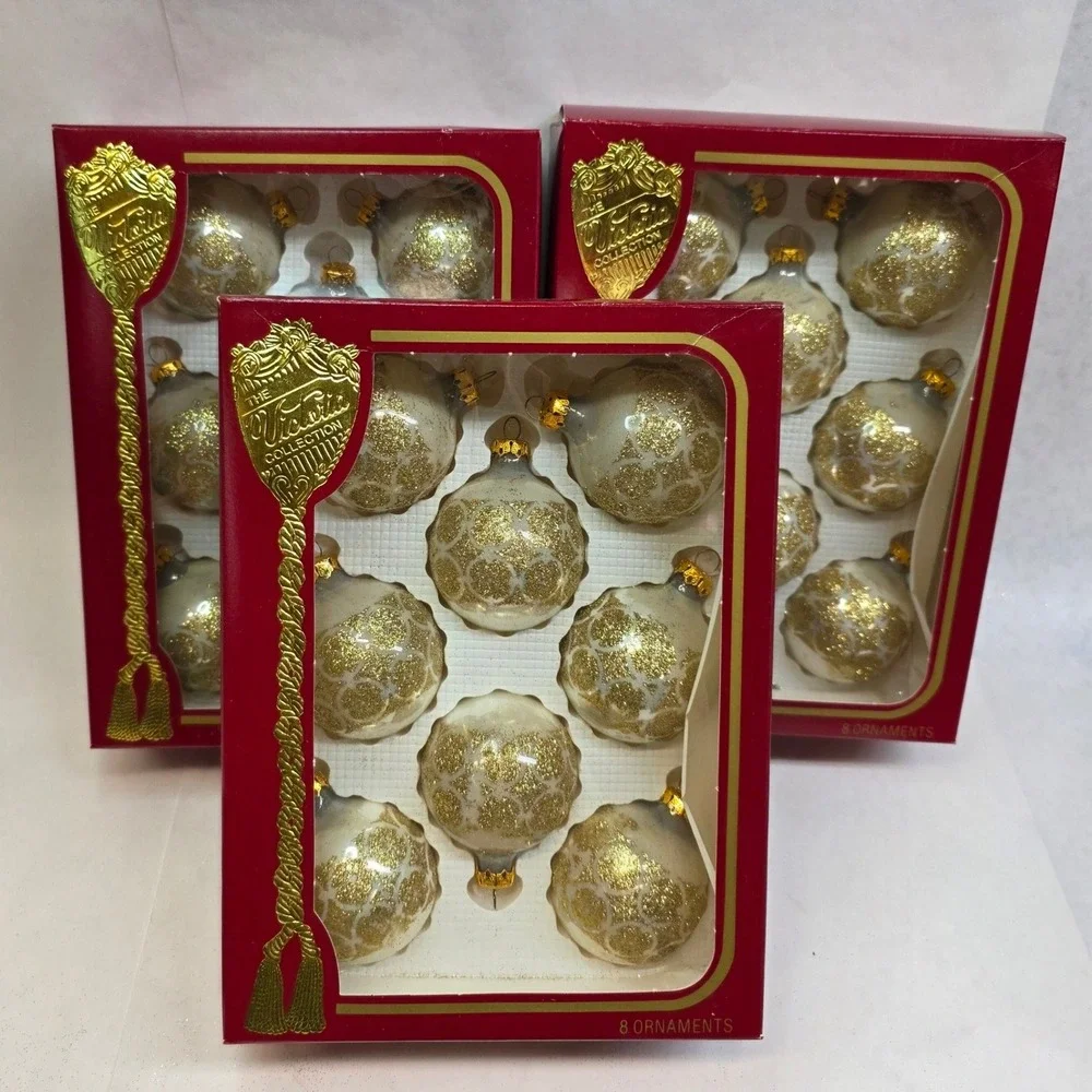 Vtg Rauch Glass Christmas Ornaments Lot of 24, Victoria White Gold Glitter, GUC